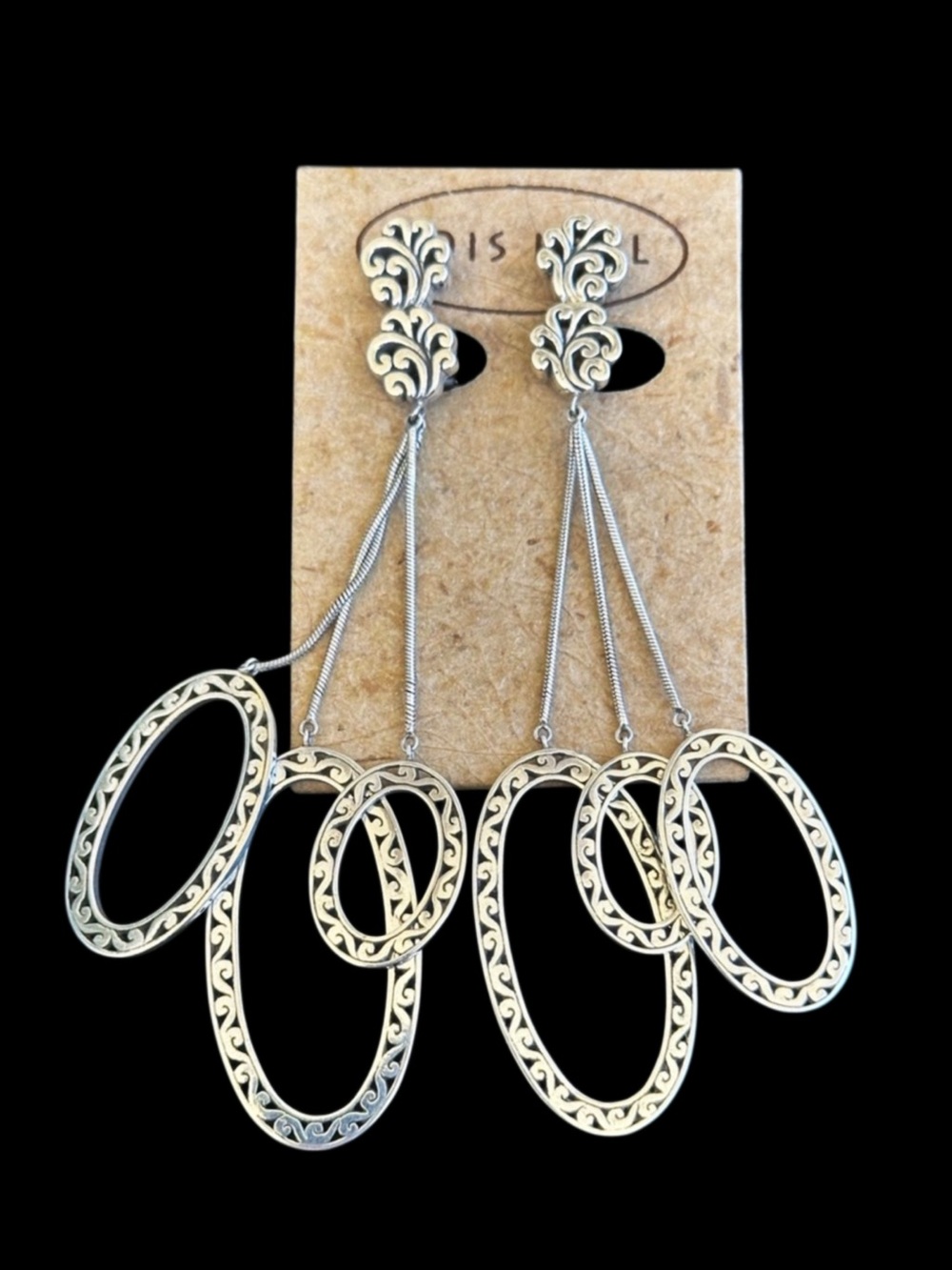 LOIS HILL Drop Dangle Triple Oval Disc w Cut Out Scroll Design Clip On Earrings